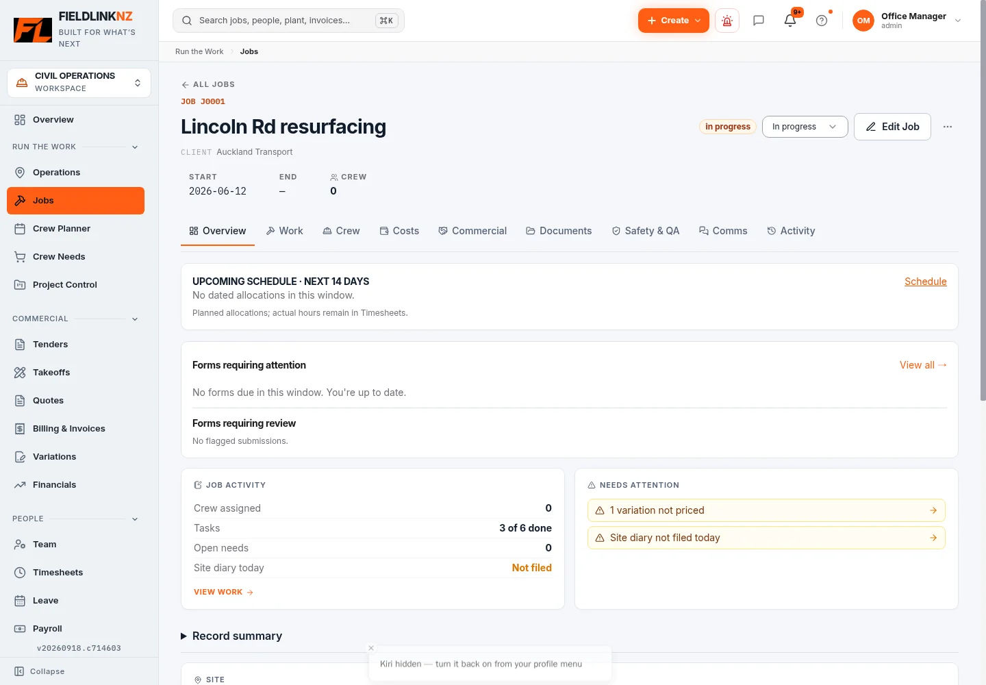 Job overview in the current Fieldlink interface, using demonstration records