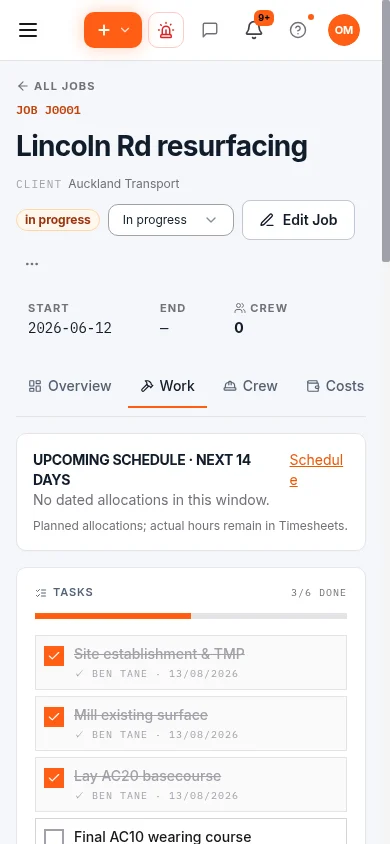 Mobile Job work view in the current Fieldlink interface, using demonstration records