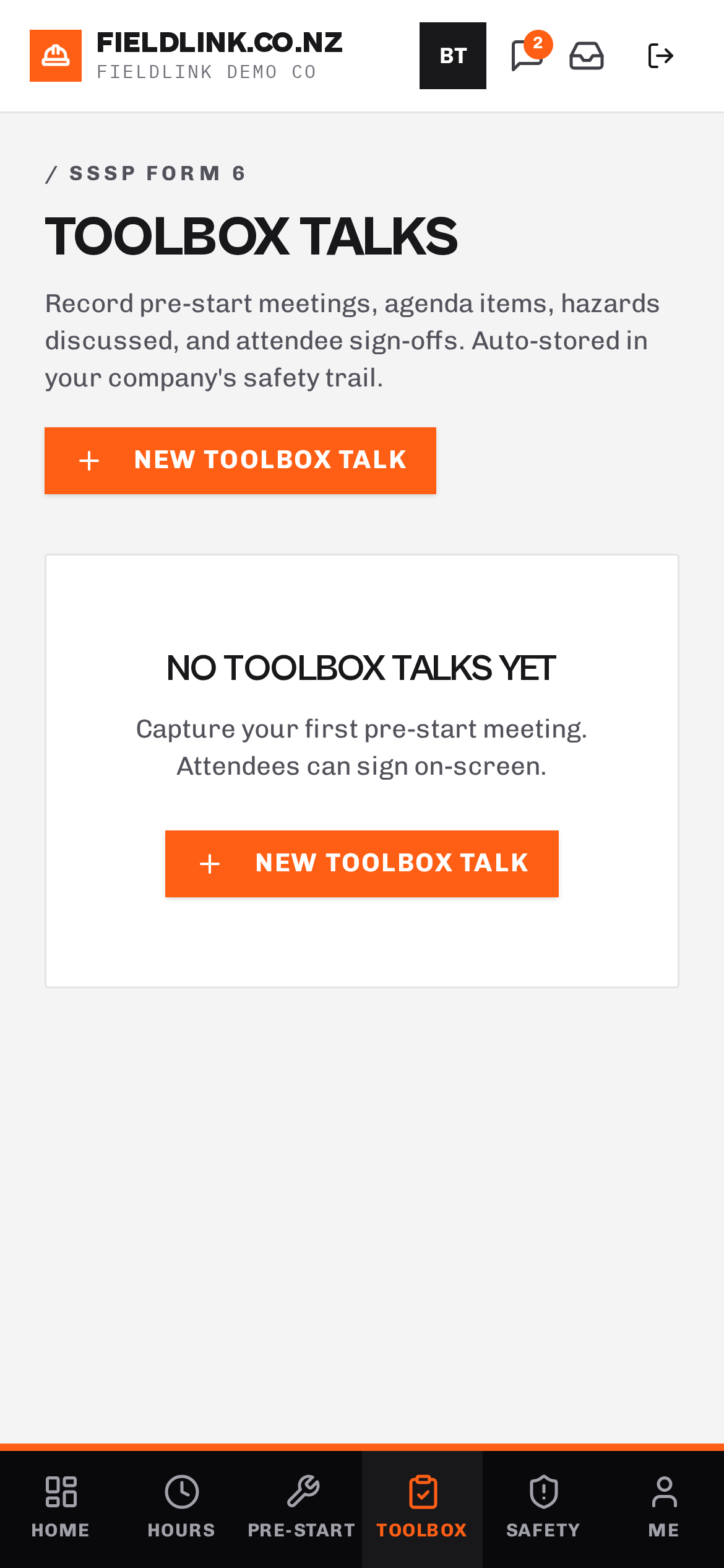 Toolbox talks with sign-on the device